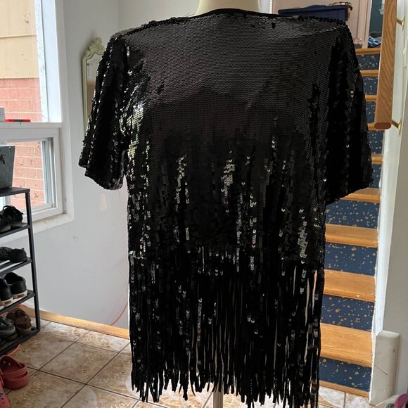 Zara Knit Size S Black Round Neck Short Sleeve Sequin Fringe Hem Top NWT - Picture 6 of 16